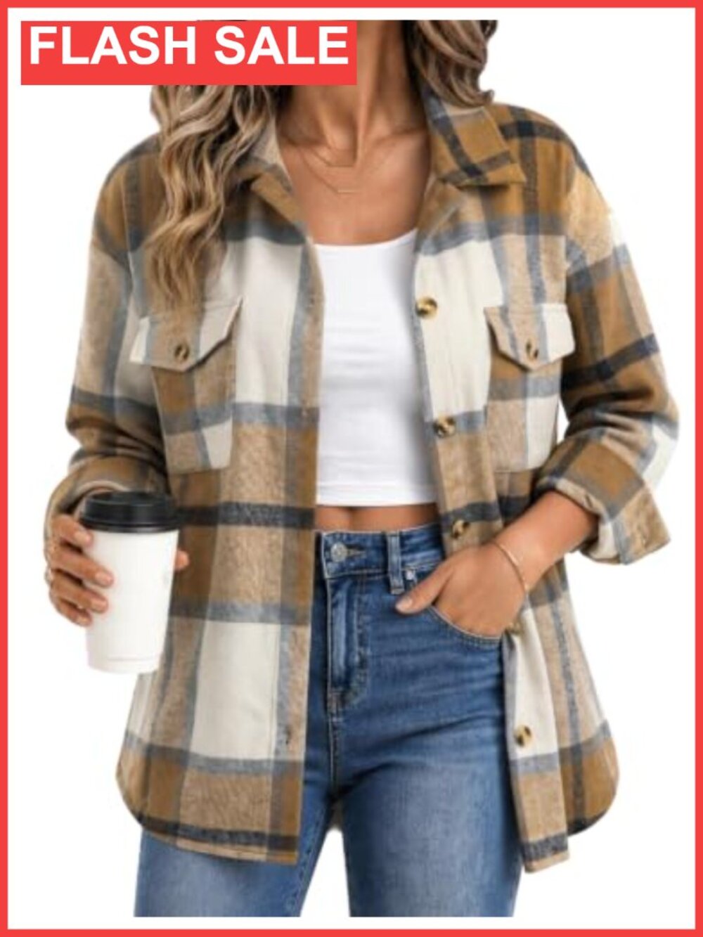 Plaid Shacket Long Sleeve Button Down Jacket Polyester Fall Layer Size S-2XL
